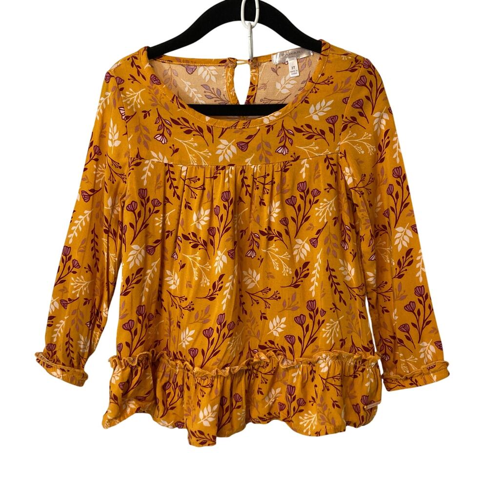 Tahari Girl’s Yellow Orange Floral Fall Flowers Long Sleeve Flowy Blouse Top